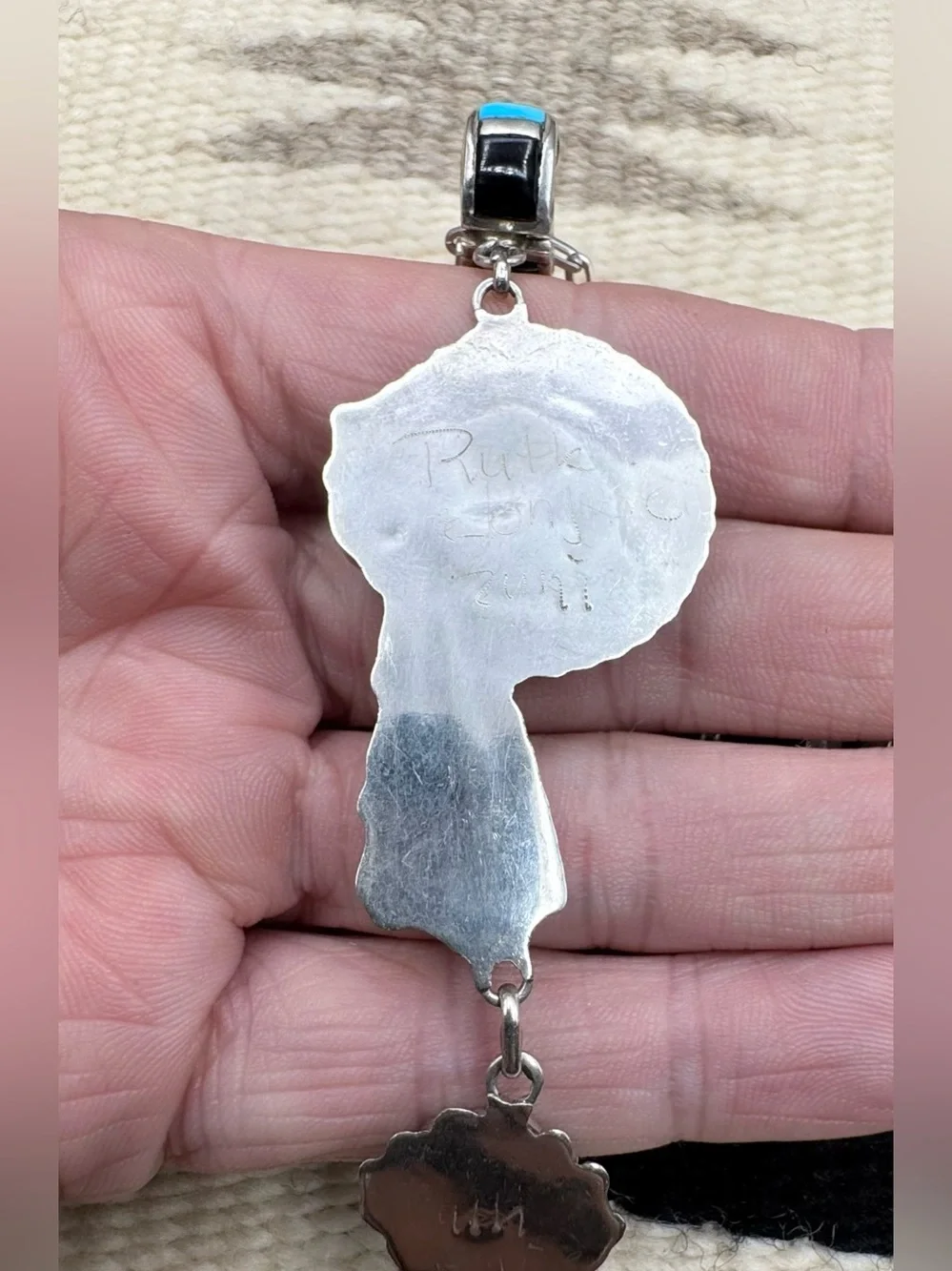 Ruth Lonjose Zuni Sterling Silver Turquoise Multi Stone Sunface Pendant Necklace